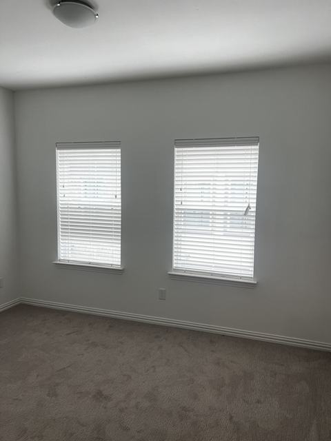 White faux wood blinds on two windows